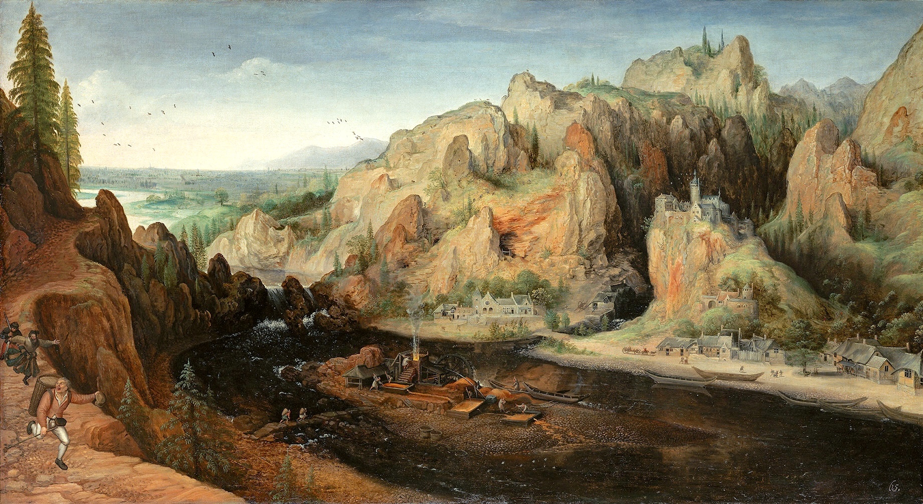 Lucas van Valckenborch - 1584 - Paysage de montagne avec bandits, chute d'eau, et haut-fourneau
