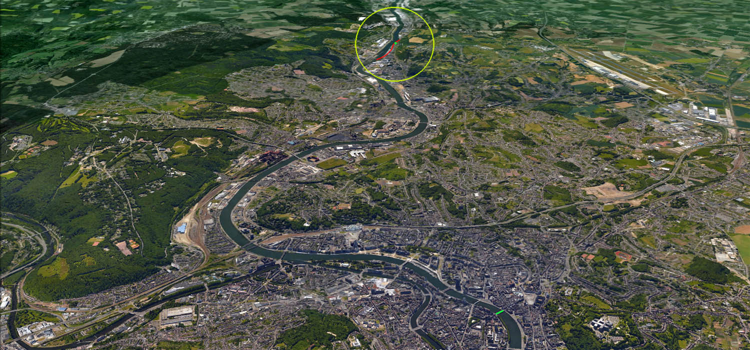 Extrait de Google Earth présentant la modification de la courbe de la Meuse à Chokier