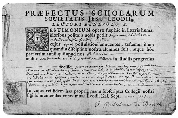 Certificat d'humanités du Collège des Jésuites Wallons en Ile à Liège
