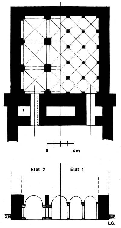 Fig. 15. - Essai de restitution de la crypte occidentale en plan et coupe.