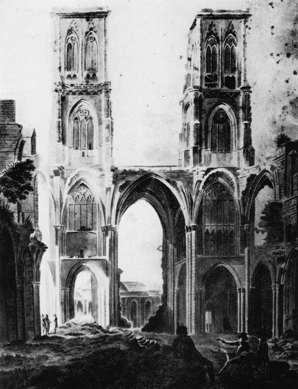 Fig. 16. - Ruines de la cathédrale en 1802? Détail d'un lavis de V. Tahon.