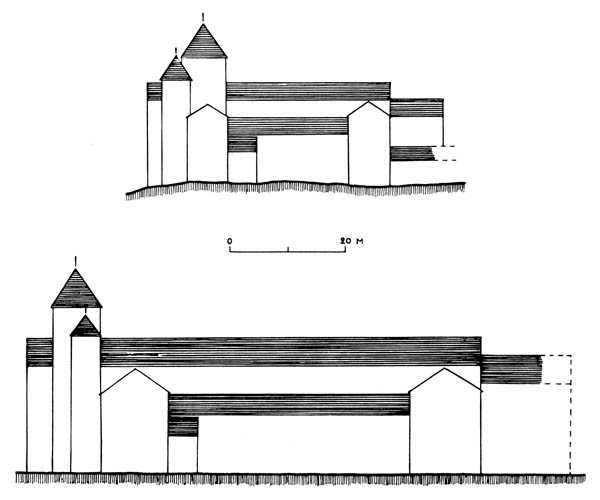 Fig. 25. - Elévations extérieures comparées de St-Ursmer à Lobbes, en partie carolingien (d'après S. Brigode), et de St-Lambert à Liège.